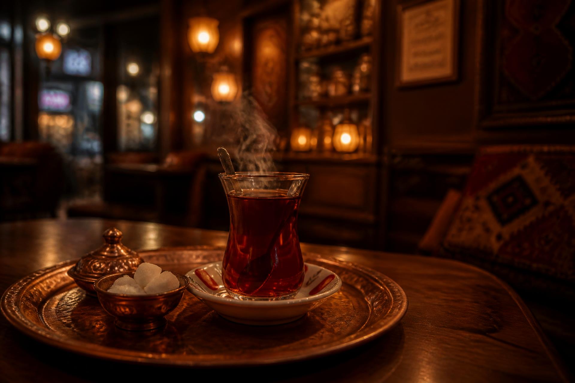 Dampfendes Tulpenglas türkischer Tee im Yıldırım Kahvehane